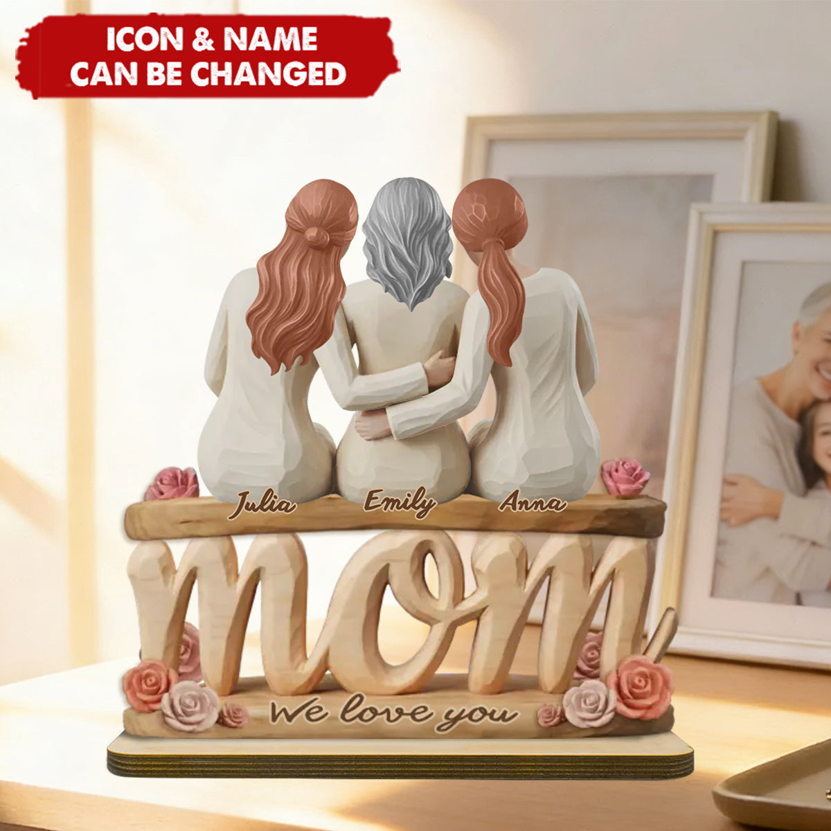 Personalized Hand-Carved Style 2-Layered Wooden Plaque With Names & Mother-Daughter Icons - Creative Mother's Day Gift For Mom & Grandma