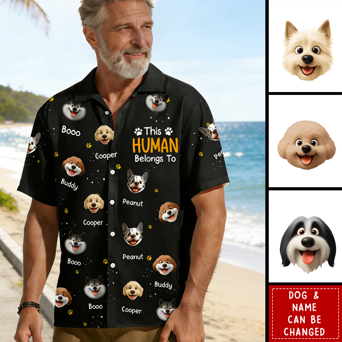 Personalized Hawaiian Shirt With 1-10 Dogs Design & Names & Color | Funny "This Human Belongs To" Father's Day Gift For Pet Lovers Men Dad