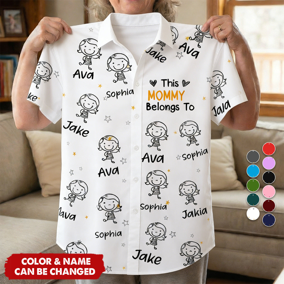 Personalized "This Belongs To" Stick Figure Hawaiian Shirt With Kid Doodles & Names - Creative Mother's Day Gift For Mom & Nana