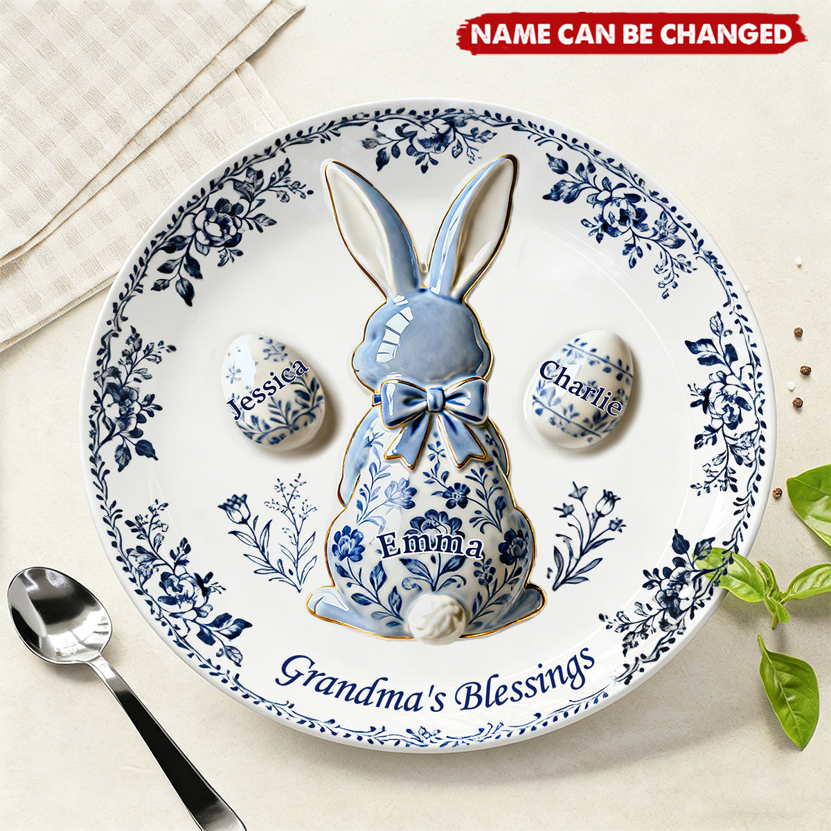 Personalized Grandma's Blessing Easter Round Plate With 1-8 Grandkids' Names | Spring Home Decor Easter's Day Gift For Grandma