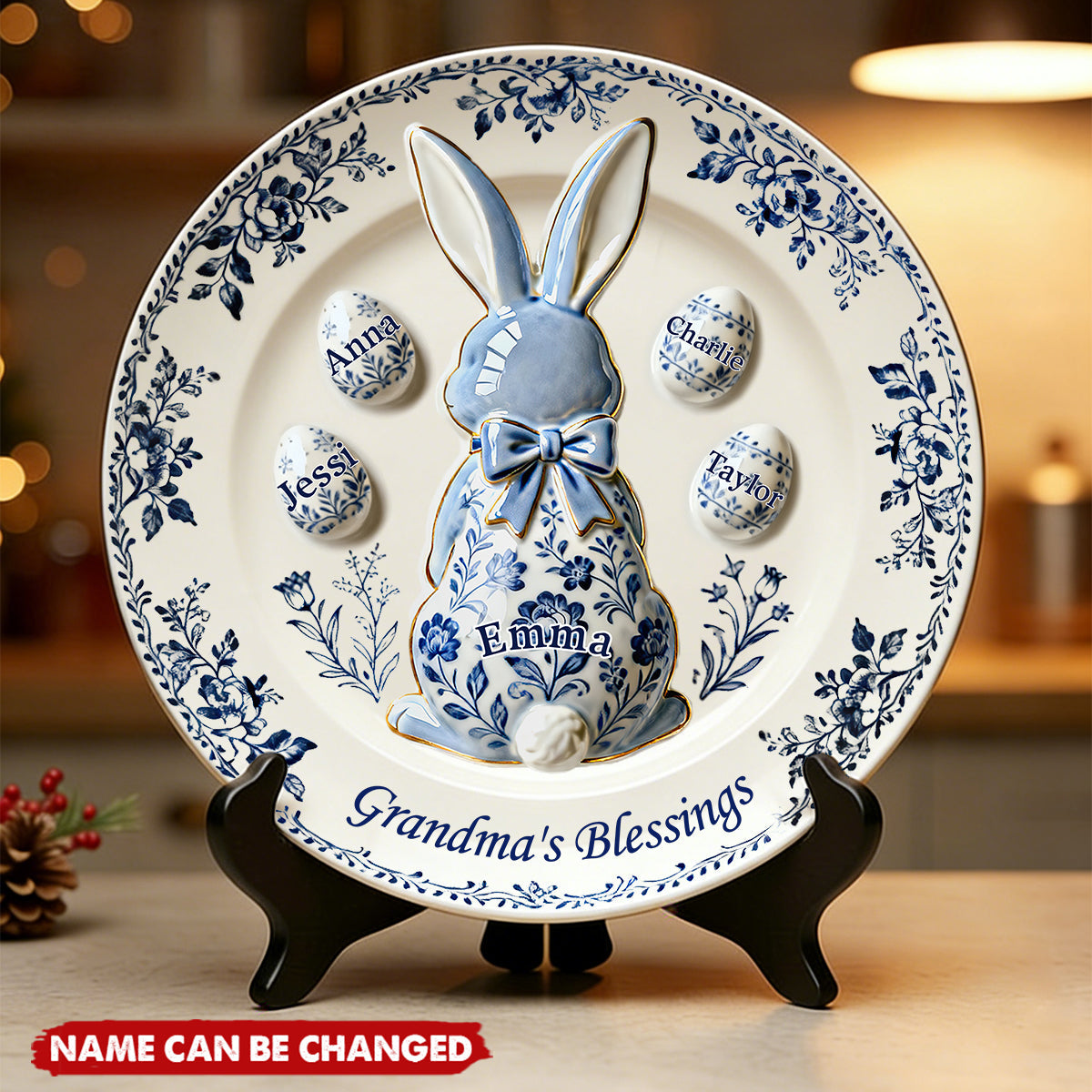 Personalized Grandma's Blessing Easter Round Plate With 1-8 Grandkids' Names | Spring Home Decor Easter's Day Gift For Grandma