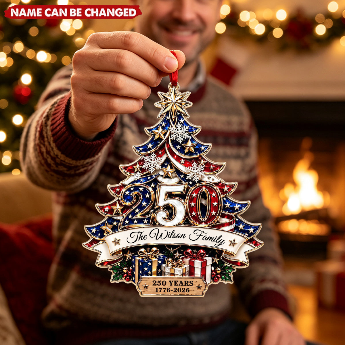 Personalized Surname Acrylic Ornament With 250th Christmas Tree Decor For Family