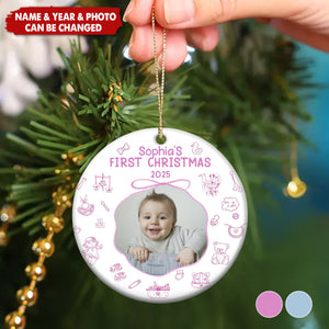 Personalized Baby's First Christmas Ceramic Photo Ornament With Name & Year Featuring Toile De Jouy Design - Adorable Newborn Gift For Parents and Grandparents