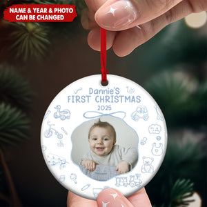 Personalized Baby's First Christmas Ceramic Photo Ornament With Name & Year Featuring Toile De Jouy Design - Adorable Newborn Gift For Parents and Grandparents