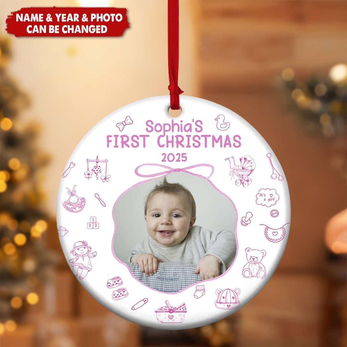 Personalized Baby's First Christmas Ceramic Photo Ornament With Name & Year Featuring Toile De Jouy Design - Adorable Newborn Gift For Parents and Grandparents