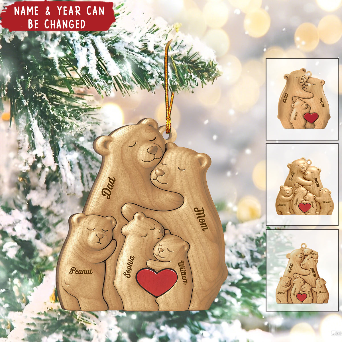 Personalized Bear Family Wood Ornament With Names "Our Little Bear Clan" Heartfelt Christmas Birthday Gift For Family