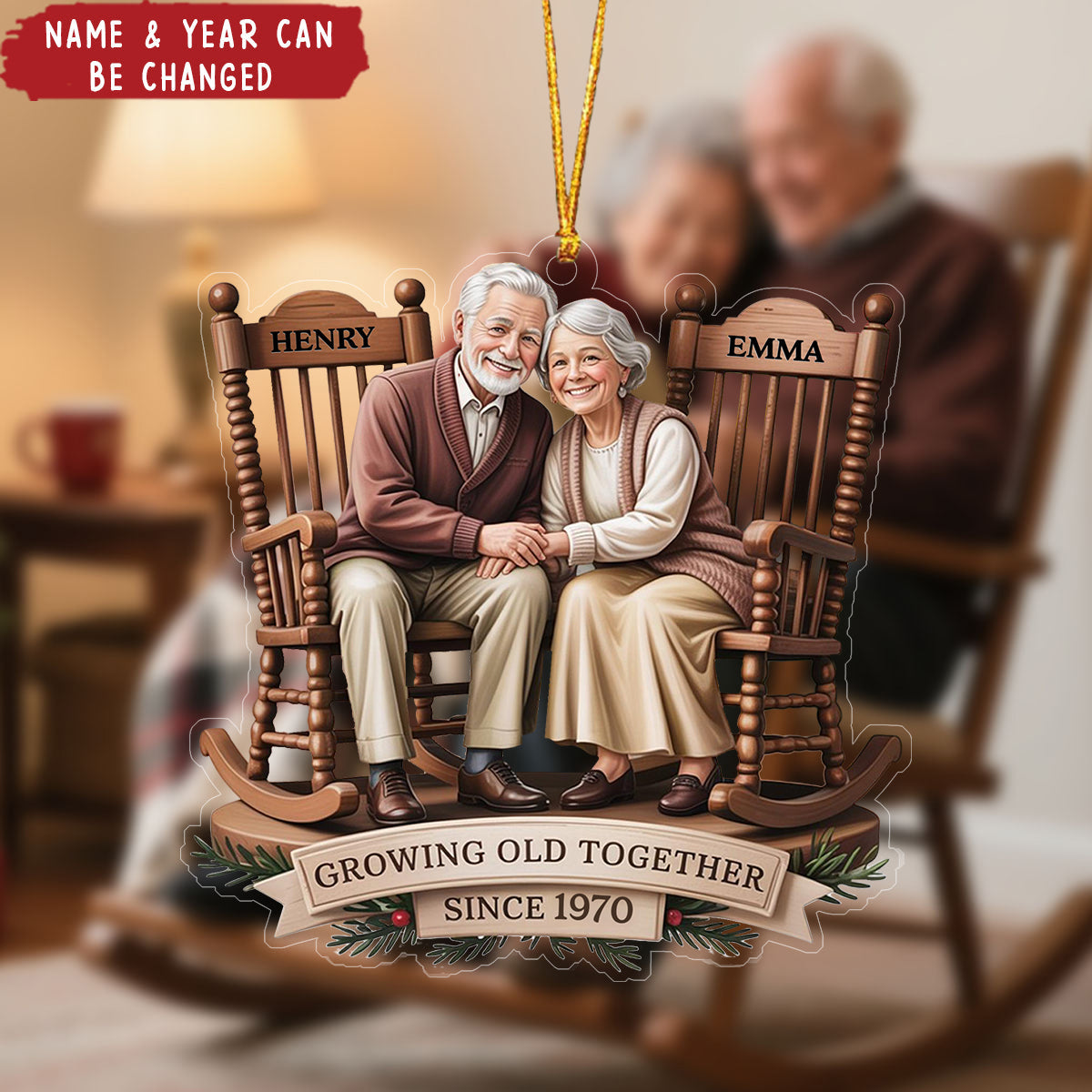 Personalized "Growing Old Together" Rocking Chair Couple Ornament With Name & Year | Christmas Gift For Couple Grandparents
