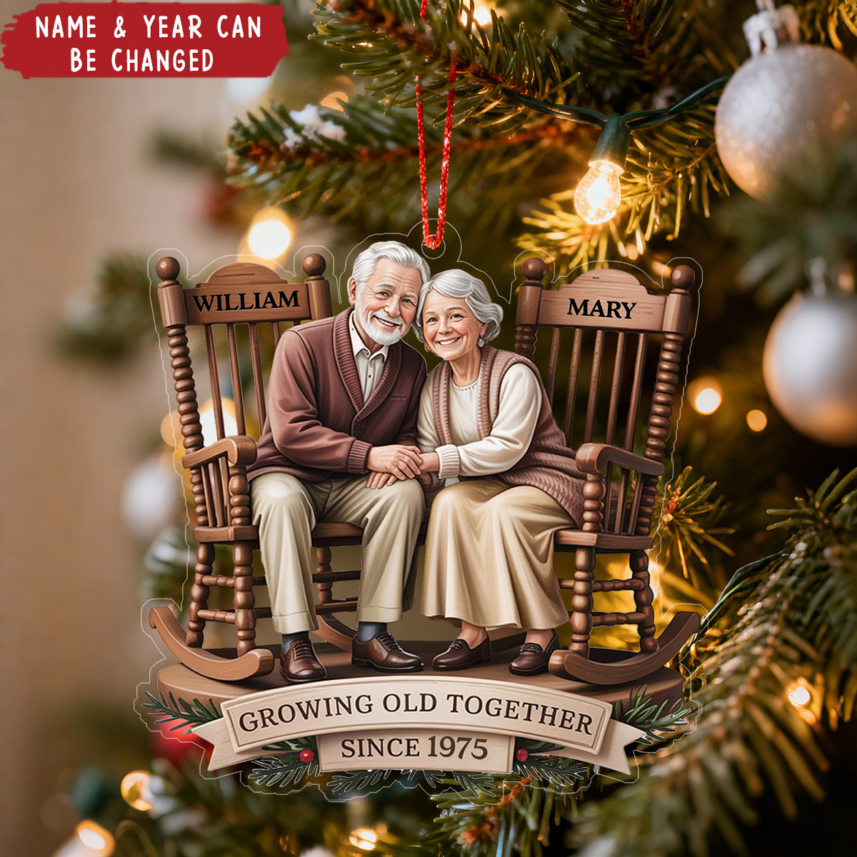 Personalized "Growing Old Together" Rocking Chair Couple Ornament With Name & Year | Christmas Gift For Couple Grandparents