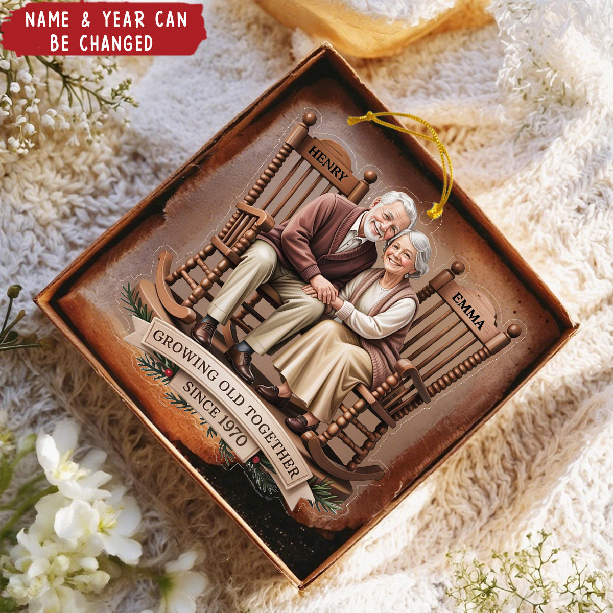 Personalized "Growing Old Together" Rocking Chair Couple Ornament With Name & Year | Christmas Gift For Couple Grandparents