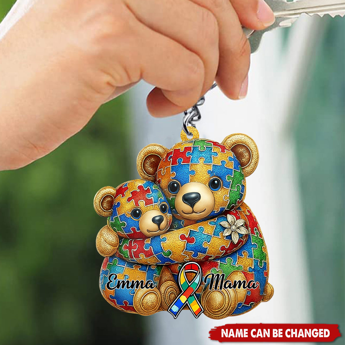 Personalized Puzzle Pattern Hugging Bears Acrylic Keychain With Names & Autism Ribbon - Heartfelt Autism Awareness Gift For Mom & Child