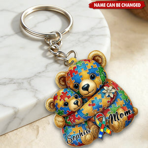 Personalized Puzzle Pattern Hugging Bears Acrylic Keychain With Names & Autism Ribbon - Heartfelt Autism Awareness Gift For Mom & Child