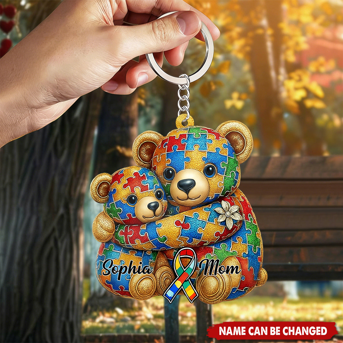 Personalized Puzzle Pattern Hugging Bears Acrylic Keychain With Names & Autism Ribbon - Heartfelt Autism Awareness Gift For Mom & Child