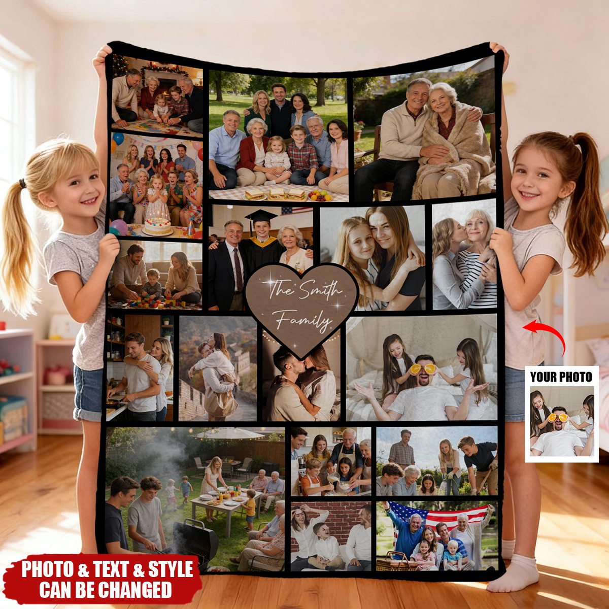 Personalized Multi-Photo Collage Fleece Blanket With Family Portraits & Text - Valentine's Day Christmas Gift For Besties & Couples