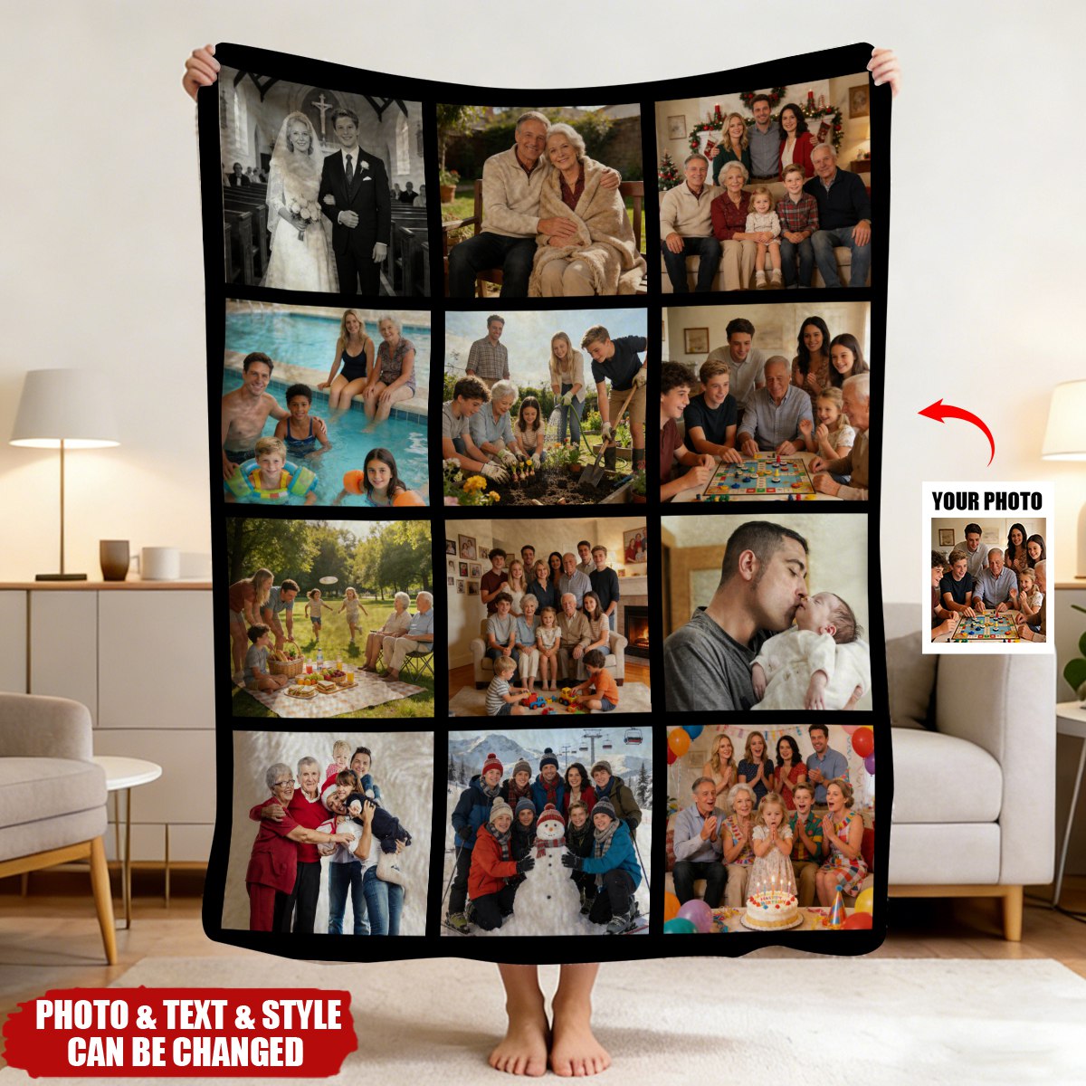 Personalized Multi-Photo Collage Fleece Blanket With Family Portraits & Text - Valentine's Day Christmas Gift For Besties & Couples