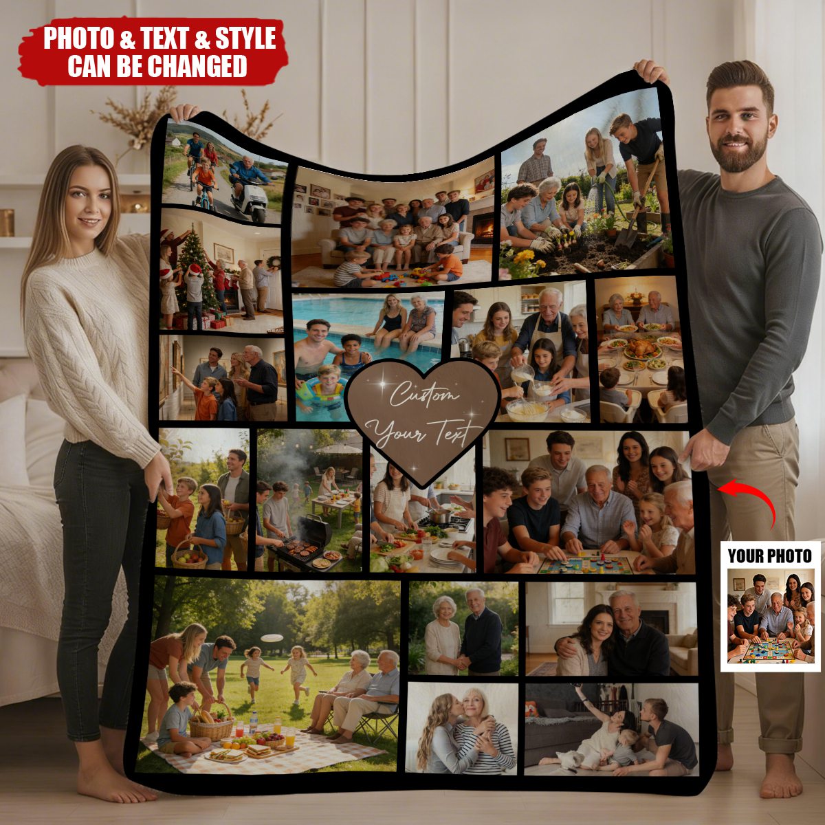 Personalized Multi-Photo Collage Fleece Blanket With Family Portraits & Text - Valentine's Day Christmas Gift For Besties & Couples