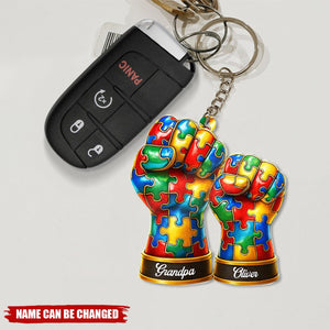 Personalized Puzzle Pattern Fist Bump Acrylic Keychain With Names - Powerful Autism Awareness Keepsake Gift For Parents