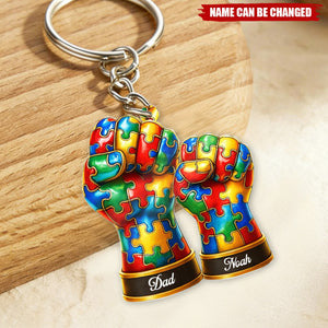 Personalized Puzzle Pattern Fist Bump Acrylic Keychain With Names - Powerful Autism Awareness Keepsake Gift For Parents