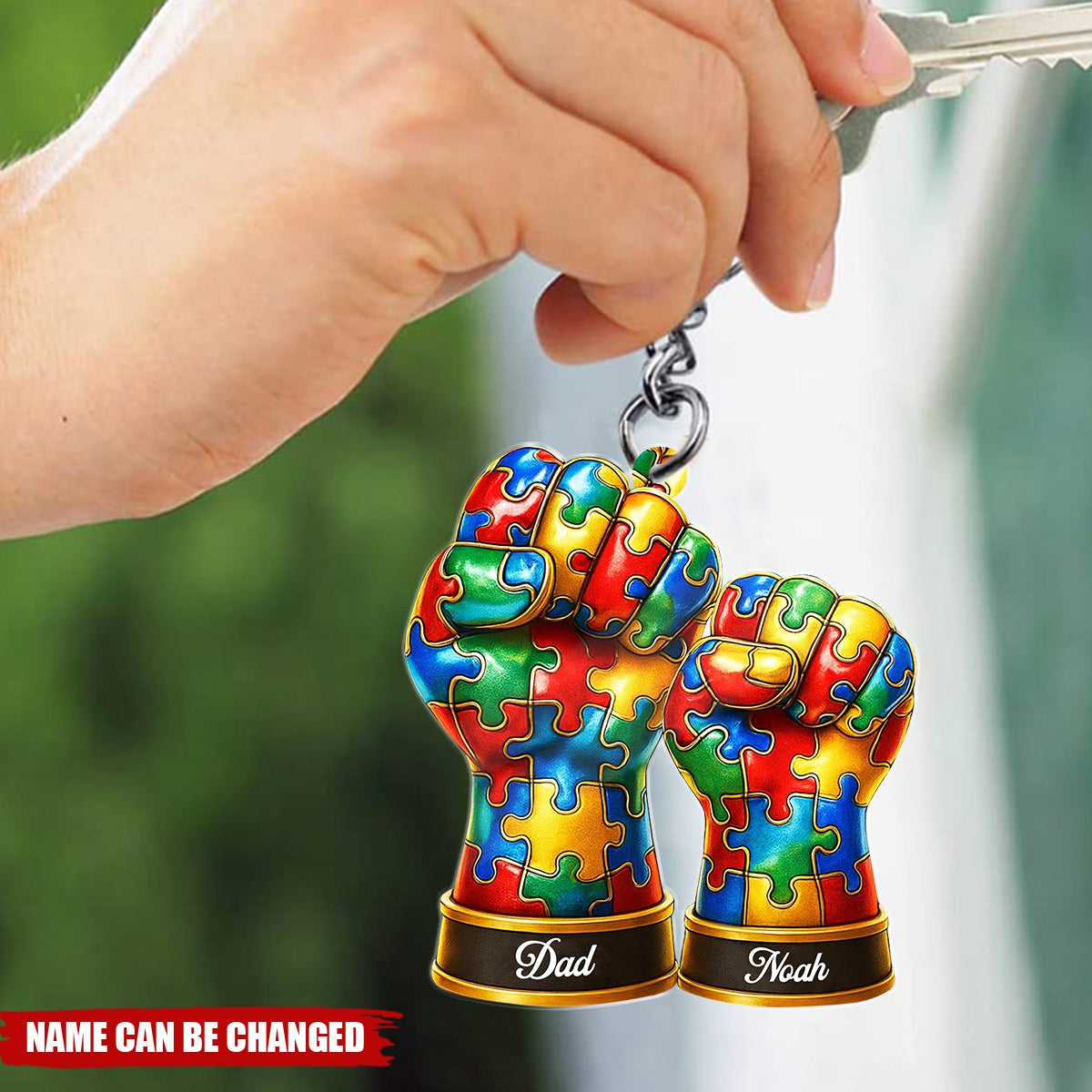 Personalized Puzzle Pattern Fist Bump Acrylic Keychain With Names - Powerful Autism Awareness Keepsake Gift For Parents