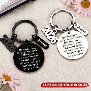 Personalized Graduation Keychain With Name & Color | "Behind You All Your Memories" Gift For 2026 Graduate