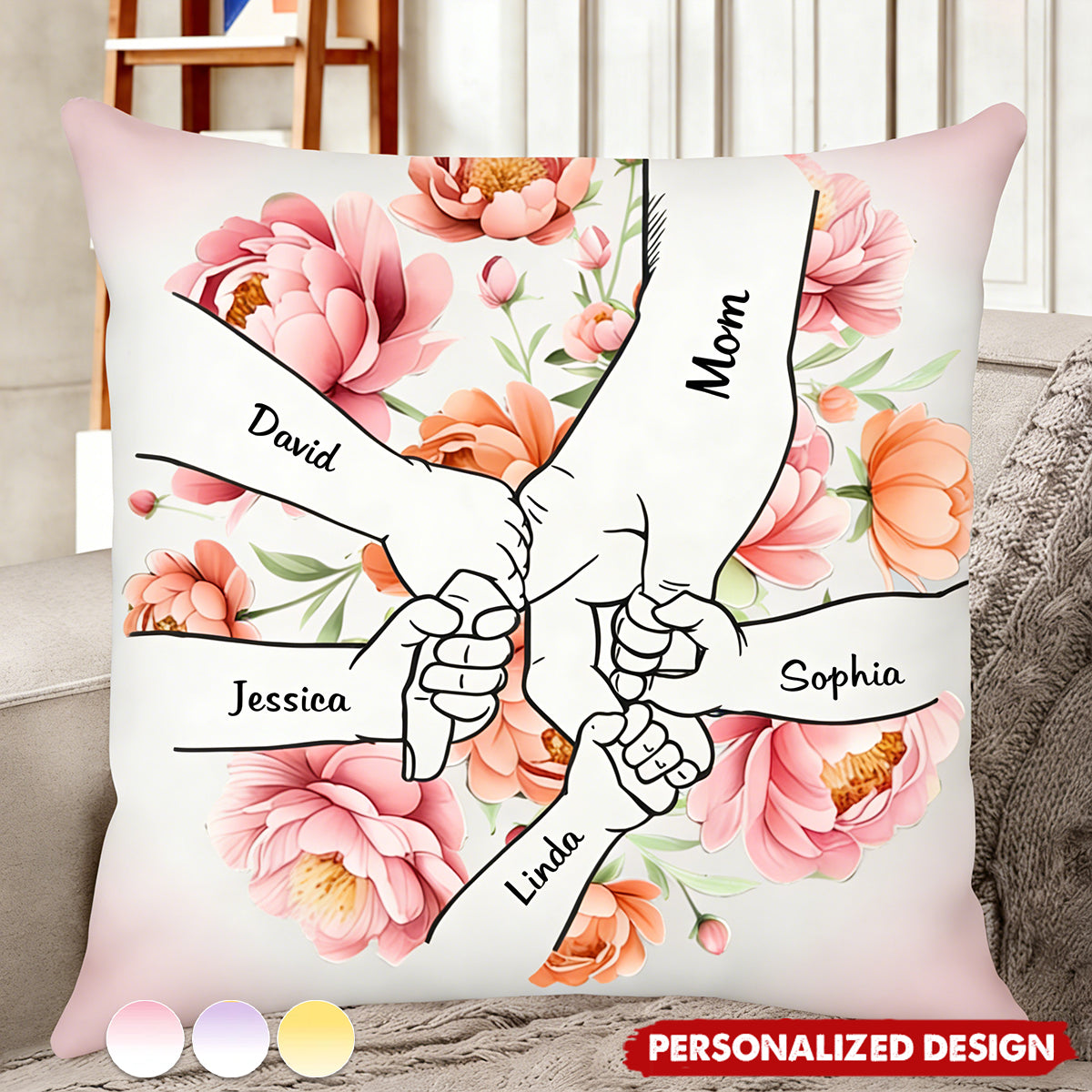 Personalized Hand-in-Hand Birth Flower Family Pillow With 1-10 Names Mother's Day Gift For Mom