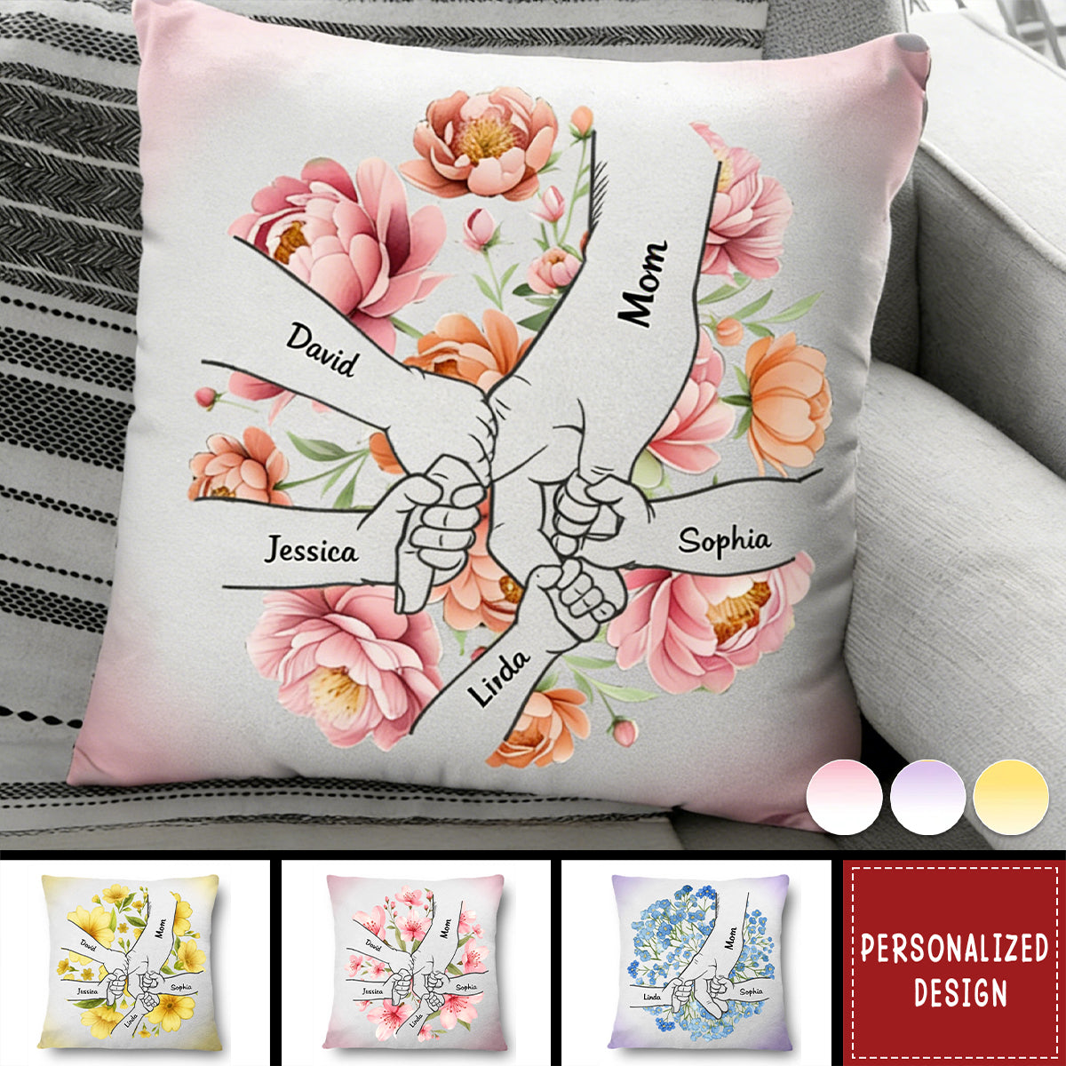 Personalized Hand-in-Hand Birth Flower Family Pillow With 1-10 Names Mother's Day Gift For Mom