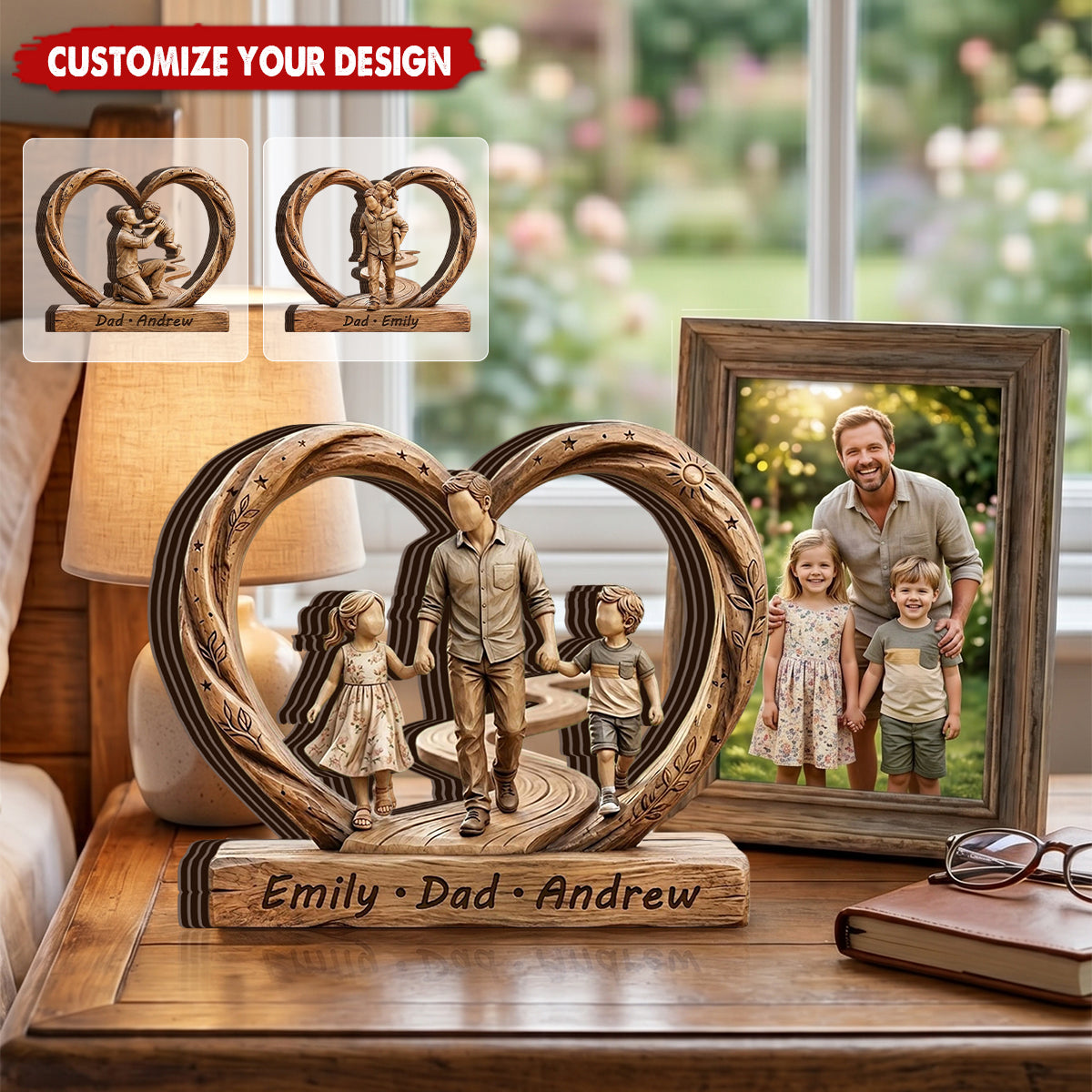 Personalized 3D Effect Dad And Kids Wooden Heart Plaque With Names - Father's Day Gift