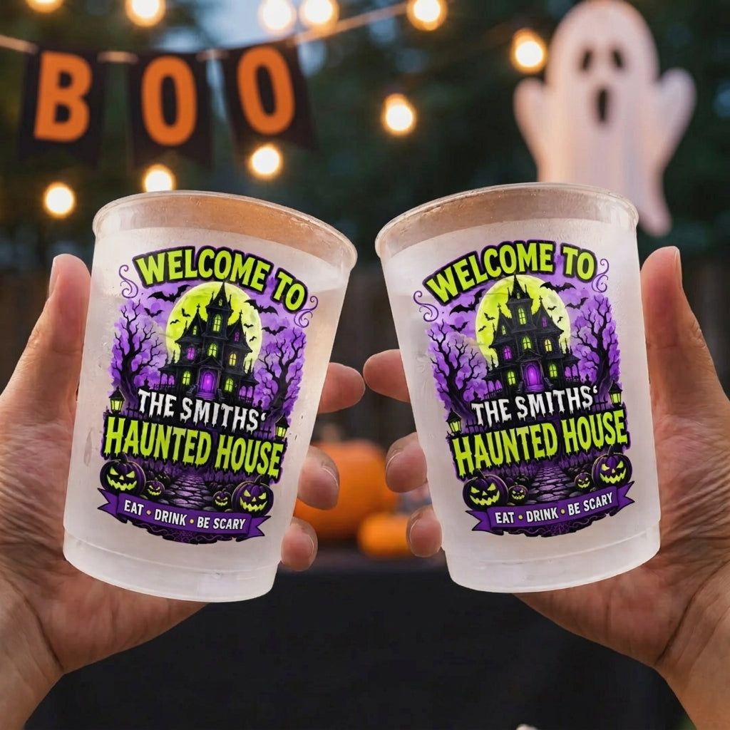 Personalized Family Name Plastic Cups With Haunted House & Full Moon For Halloween