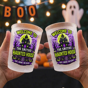 Personalized Family Name Plastic Cups With Haunted House & Full Moon For Halloween