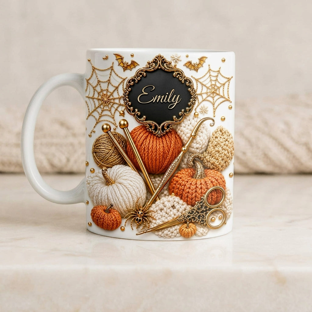 Personalized Name Ceramic Coffee Mug - Cozy Fall Crochet Vibes For Crocheter Gift