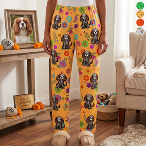 Personalized Name Lounge Pants With Floral Pet Sugar Skull - Dia De Los Muertos Gift