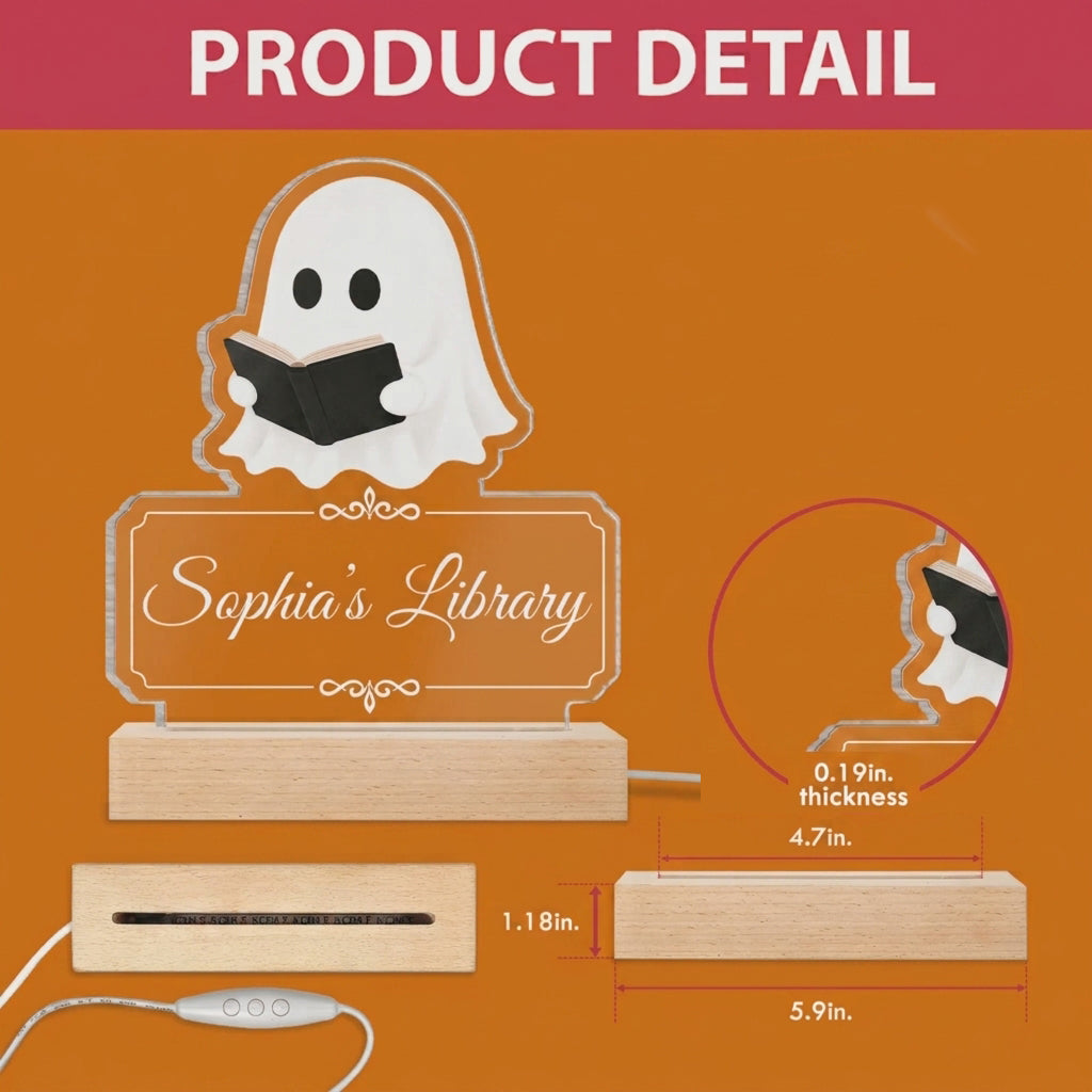 Personalized Name Acrylic Night Light With Bookworm Ghost For Halloween Decor