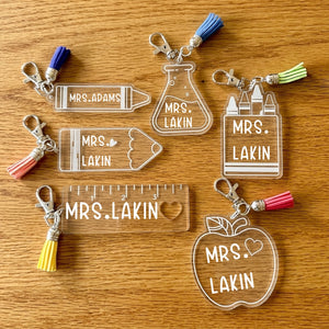 Personalized Name Keychain With Pencil Apple Design & Tassel - Back To School Appreciation Gift