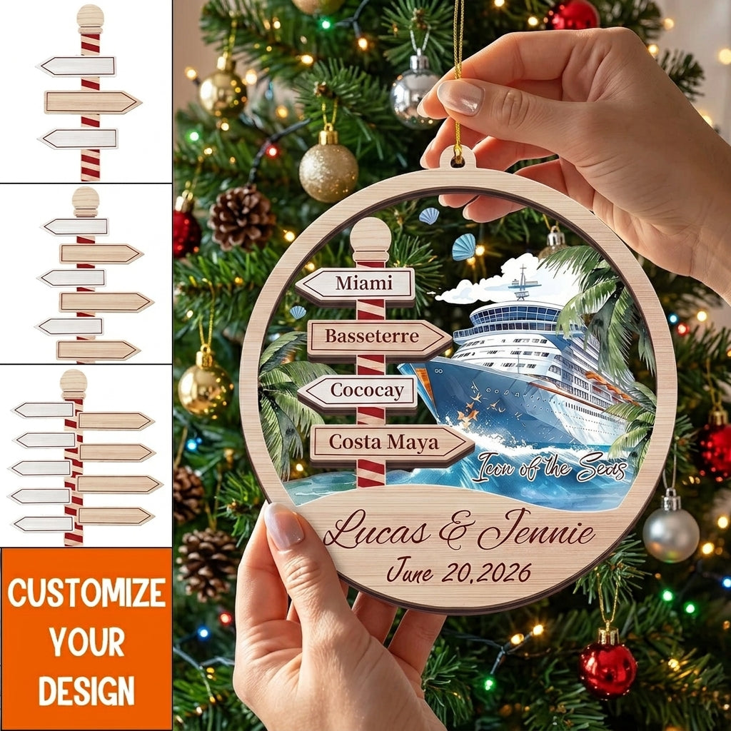 Personalized Name Christmas Ornament With Cruise Ship & Signpost For Vacation Gift