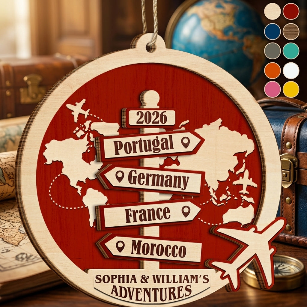 Personalized Destination Of All Year Christmas Ornament With Signpost & World Map For Couple Gift