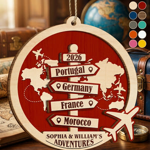 Personalized Destination Of All Year Christmas Ornament With Signpost & World Map For Couple Gift