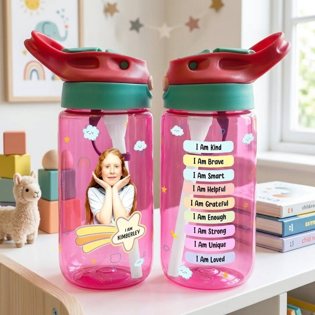 Personalized Photo Name Kids Water Bottle With I Am Affirmation Design For Back To School