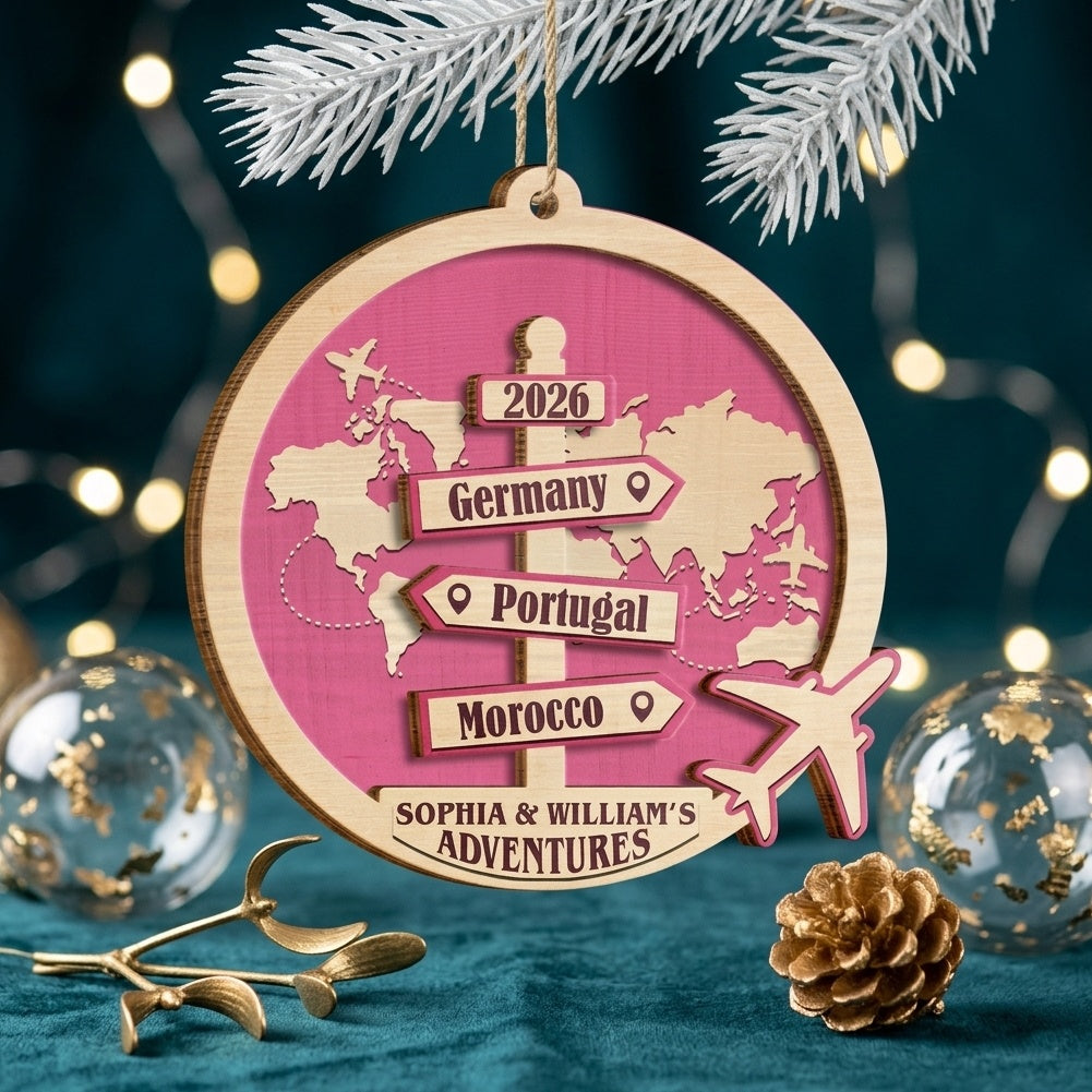 Personalized Destination Of All Year Christmas Ornament With Signpost & World Map For Couple Gift