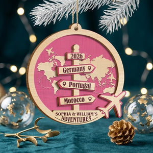 Personalized Destination Of All Year Christmas Ornament With Signpost & World Map For Couple Gift
