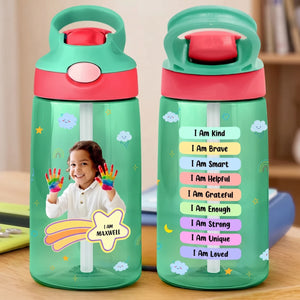 Personalized Photo Name Kids Water Bottle With I Am Affirmation Design For Back To School