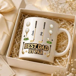 Personalized "Best Dad By Par" Ceramic Coffee Mug With Kid's Names - Father's Day Golf Gift