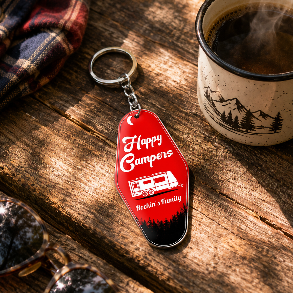 Personalized Camping Keychain With Family Names & Color - Unique Gift For RV Travel Lovers