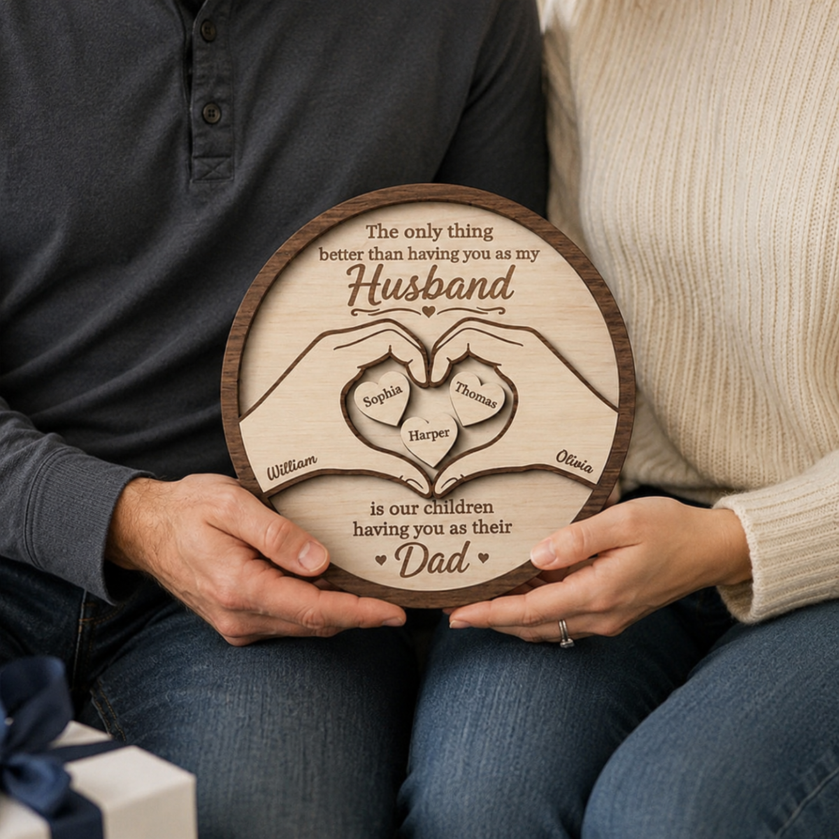 Personalized 2-Layer Heart Hands Wooden Plaque With 1-6 Kid's Names | Father's Day Gift For Husband & Dad