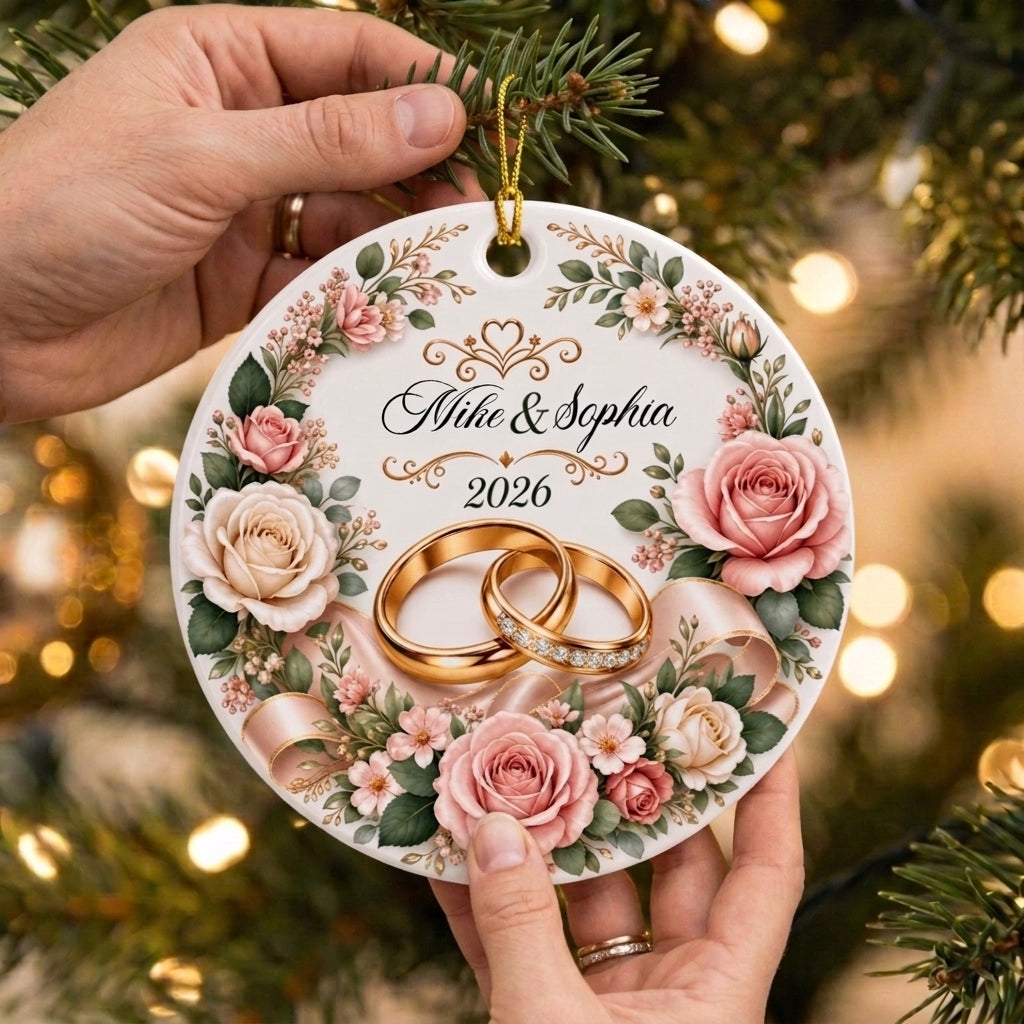 Personalized Couple Name Ceramic Ornament With Gold Rings Rose | Wedding Gift For Christmas