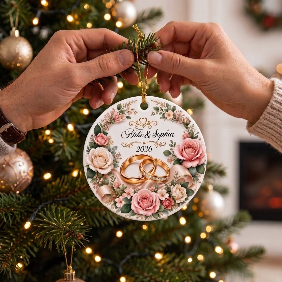 Personalized Couple Name Ceramic Ornament With Gold Rings Rose | Wedding Gift For Christmas
