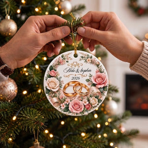 Personalized Couple Name Ceramic Ornament With Gold Rings Rose | Wedding Gift For Christmas
