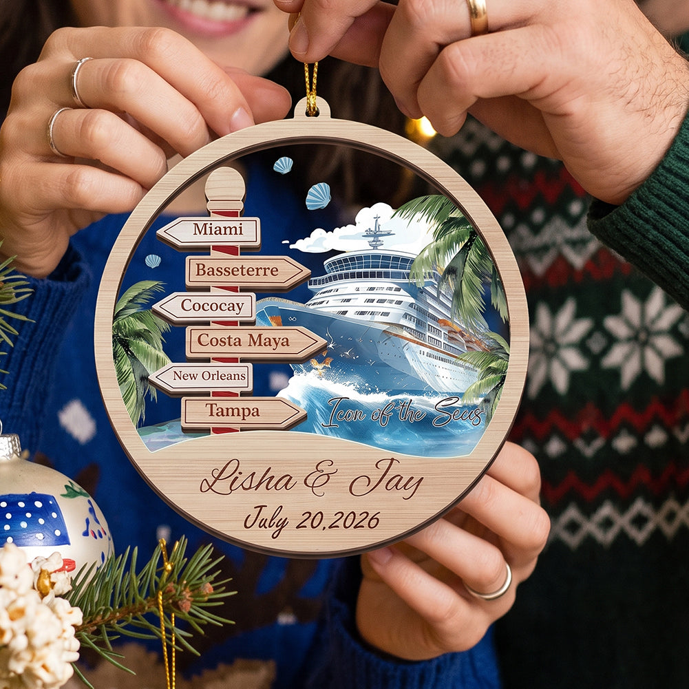 Personalized Name Christmas Ornament With Cruise Ship & Signpost For Vacation Gift