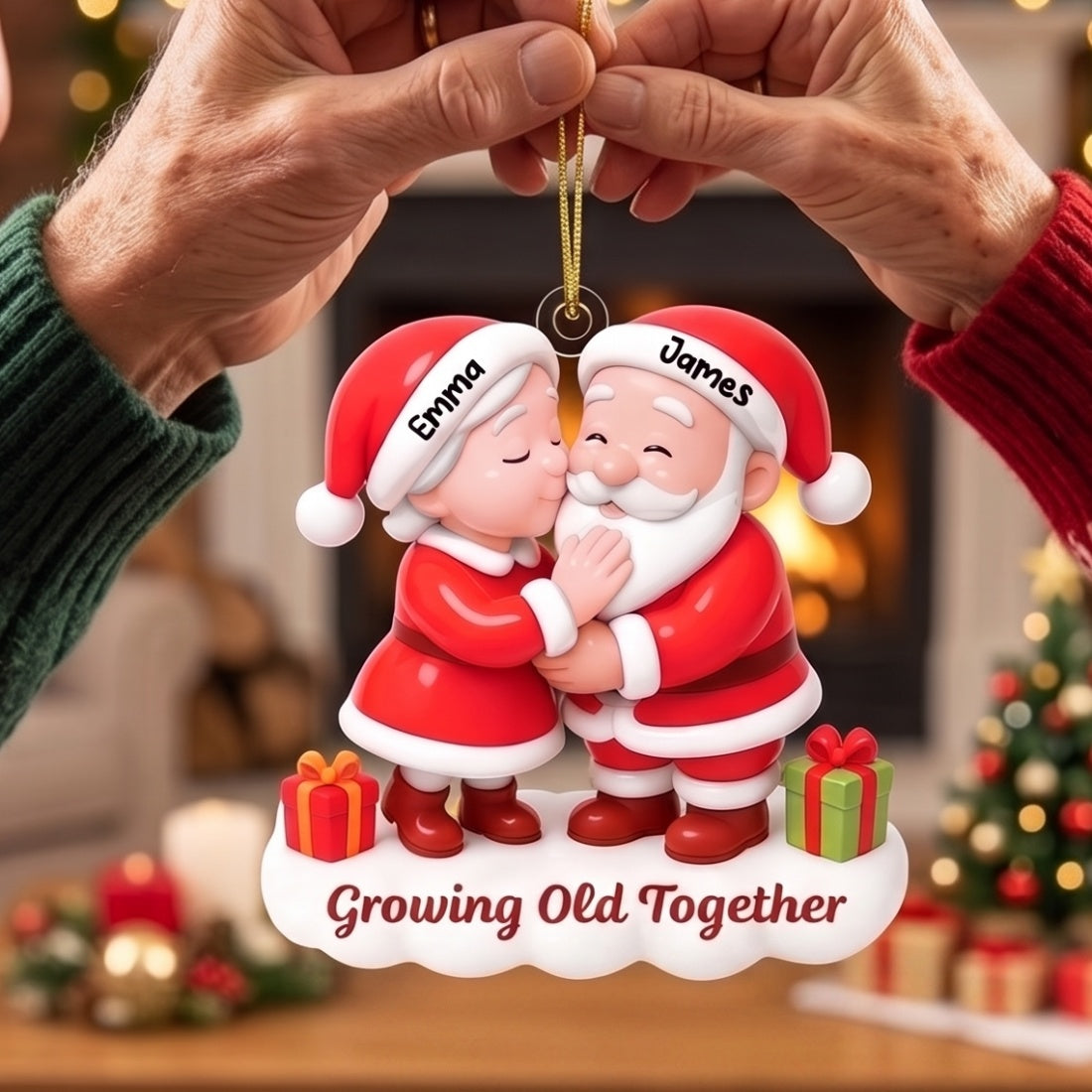 Personalized Couple Name Acrylic Ornament With Kissing Santa & Mrs Claus - Christmas Gift