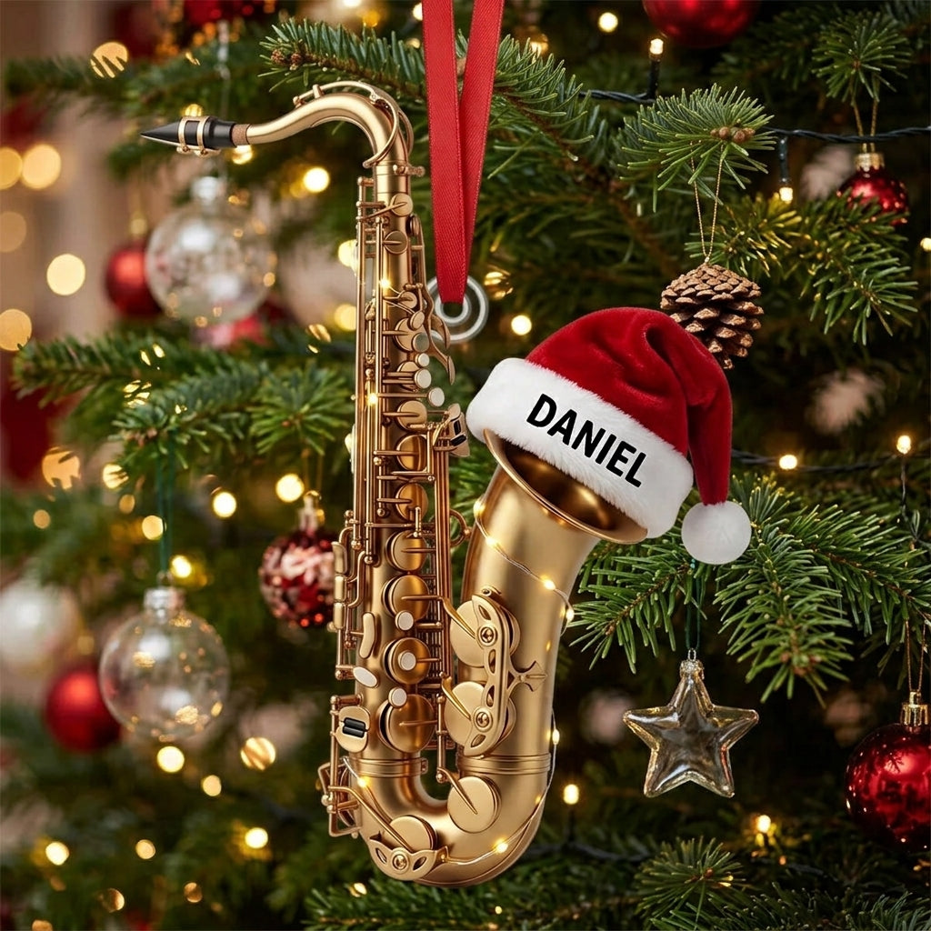 Personalized Name Saxophone Christmas Ornament With Santa Hat | Keepsake Gift For Band Player