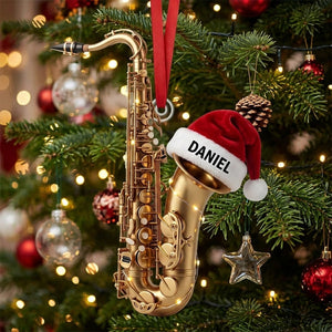 Personalized Name Saxophone Christmas Ornament With Santa Hat | Keepsake Gift For Band Player