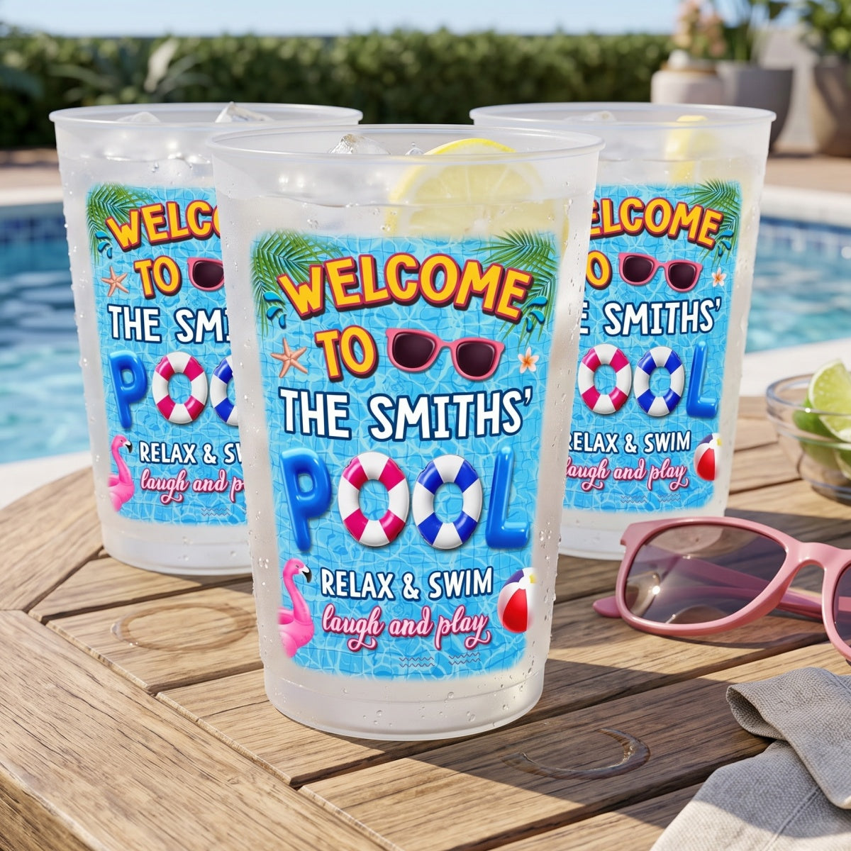 Personalized Pool Name Pool Party Plastic Cups With Relax Swim Laugh And Play - Summer Party